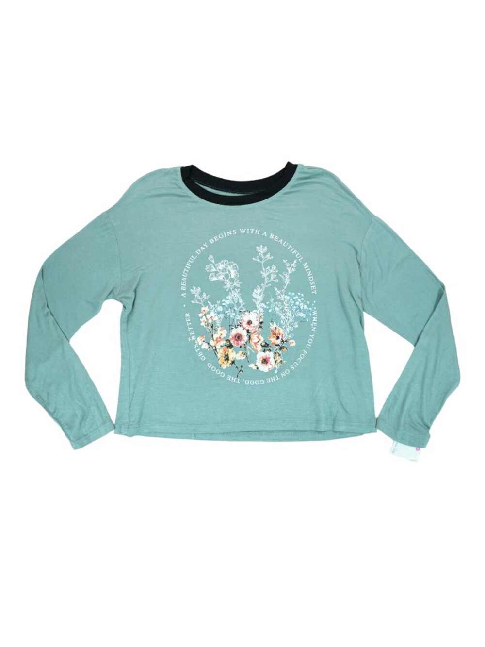 Teal Floral Graphic Contrast Trim Long Sleeve Tee